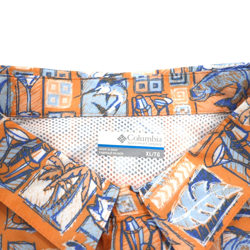 Columbia PFG Maglietta Hawaiana a maniche corte con protezione UV, abbottonata, taglia XL, motivo arancione all-over, OMNI-SHADE, fodera in mesh, mai usata.