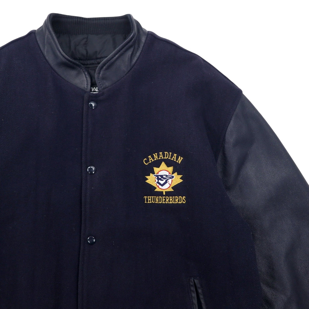 CANADA SPORTSWEAR, bomber jacket maniche in pelle, anni '90, XL, blu navy, pelle e lana, ricamo CANADIAN THUNDERBIRDS, Made in Canada