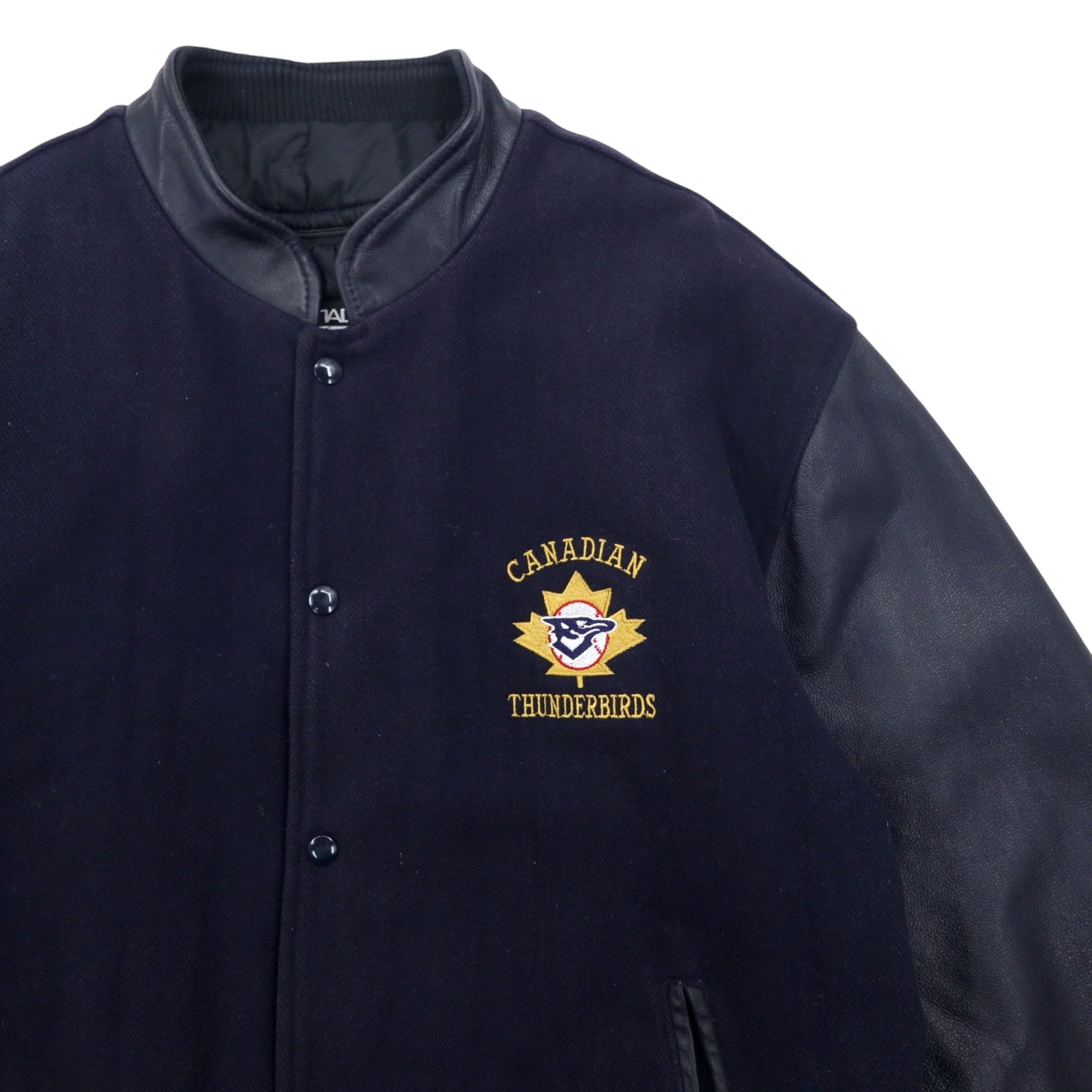 CANADA SPORTSWEAR, bomber jacket maniche in pelle, anni '90, XL, blu navy, pelle e lana, ricamo CANADIAN THUNDERBIRDS, Made in Canada