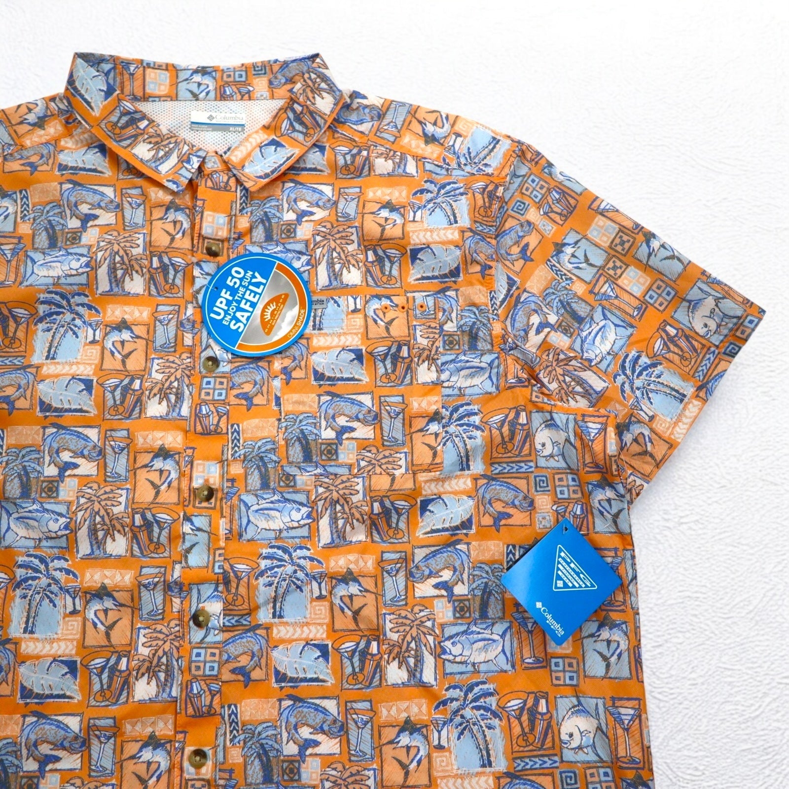 Columbia PFG Maglietta Hawaiana a maniche corte con protezione UV, abbottonata, taglia XL, motivo arancione all-over, OMNI-SHADE, fodera in mesh, mai usata.
