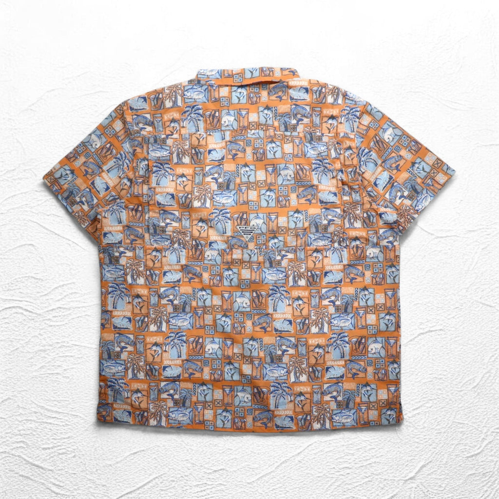 Columbia PFG Maglietta Hawaiana a maniche corte con protezione UV, abbottonata, taglia XL, motivo arancione all-over, OMNI-SHADE, fodera in mesh, mai usata.