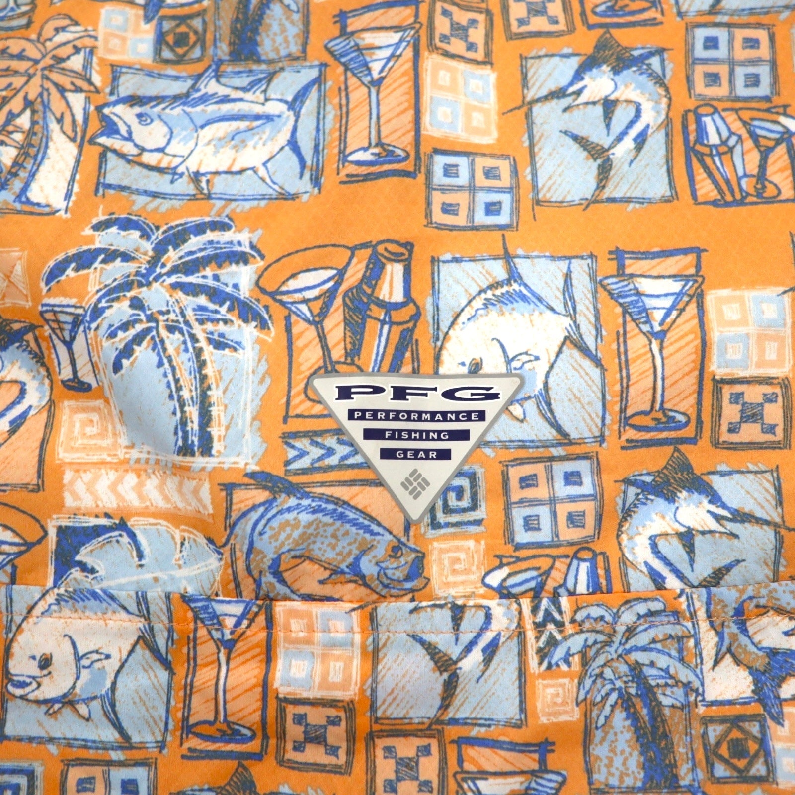 Columbia PFG Maglietta Hawaiana a maniche corte con protezione UV, abbottonata, taglia XL, motivo arancione all-over, OMNI-SHADE, fodera in mesh, mai usata.