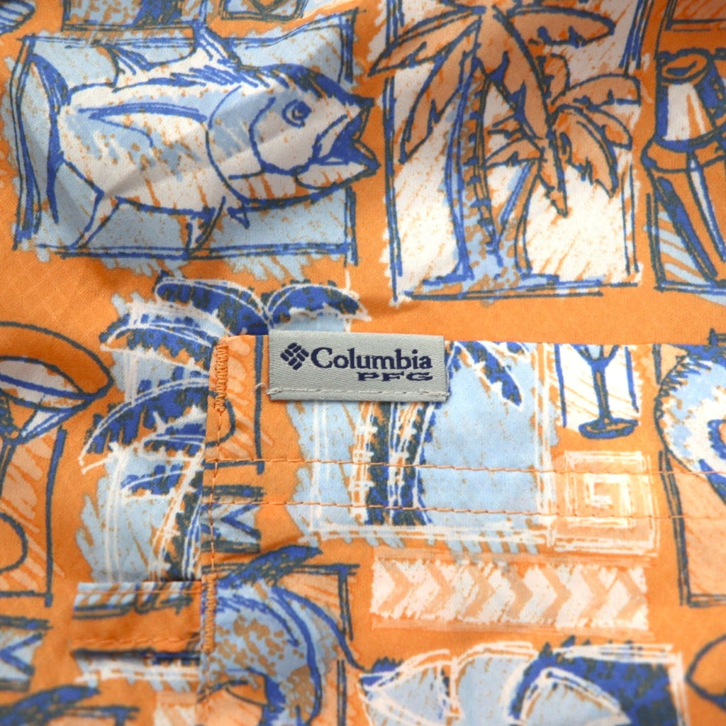 Columbia PFG Maglietta Hawaiana a maniche corte con protezione UV, abbottonata, taglia XL, motivo arancione all-over, OMNI-SHADE, fodera in mesh, mai usata.