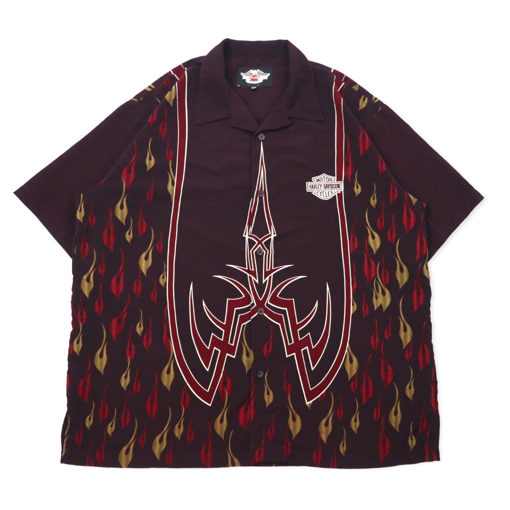 HARLEY DAVIDSON Camicia hawaiana a collo aperto, manica corta, in poliestere, taglia XXXL, bordeaux, fantasia all-over, motivo fiamme, ricamo logo piccolo, taglia oversize