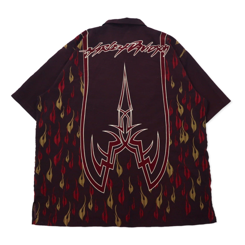 HARLEY DAVIDSON Camicia hawaiana a collo aperto, manica corta, in poliestere, taglia XXXL, bordeaux, fantasia all-over, motivo fiamme, ricamo logo piccolo, taglia oversize