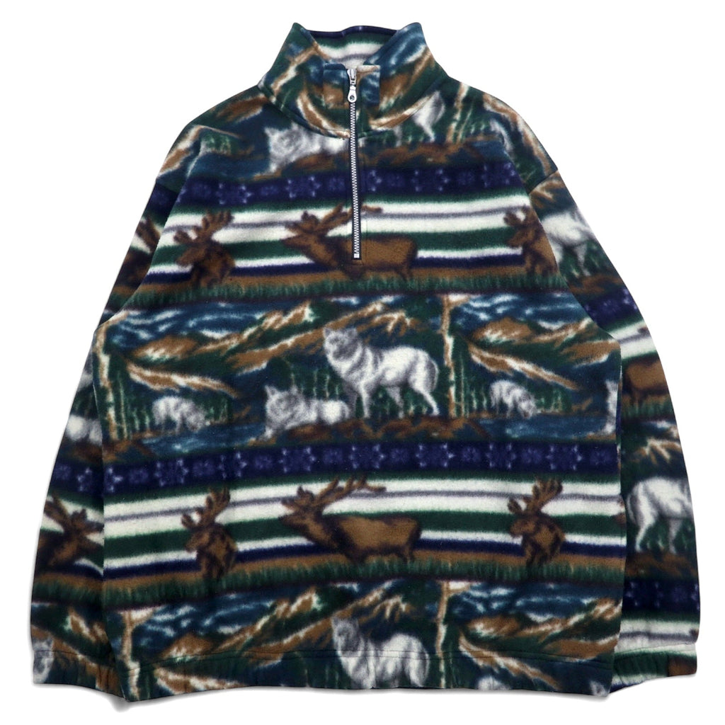 Anni '90 Daniel David Felpa in pile a mezza zip XXL verde, fantasia animali, cervi, lupi, MOUNTAIN FLEECE