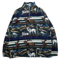 Anni '90 Daniel David Felpa in pile a mezza zip XXL verde, fantasia animali, cervi, lupi, MOUNTAIN FLEECE