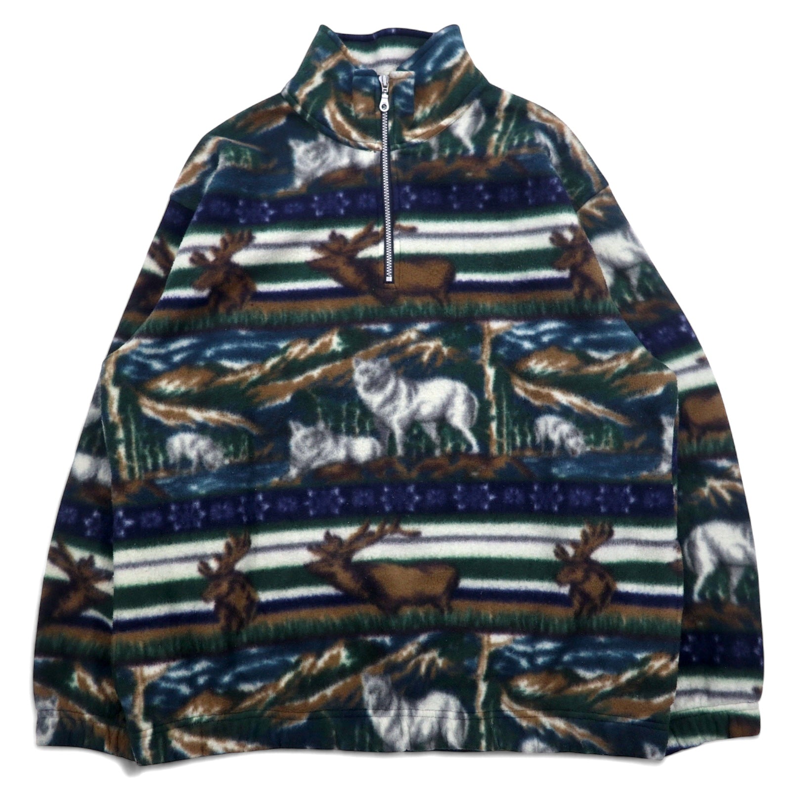Anni '90 Daniel David Felpa in pile a mezza zip XXL verde, fantasia animali, cervi, lupi, MOUNTAIN FLEECE
