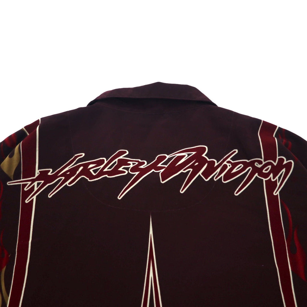 HARLEY DAVIDSON Camicia hawaiana a collo aperto, manica corta, in poliestere, taglia XXXL, bordeaux, fantasia all-over, motivo fiamme, ricamo logo piccolo, taglia oversize