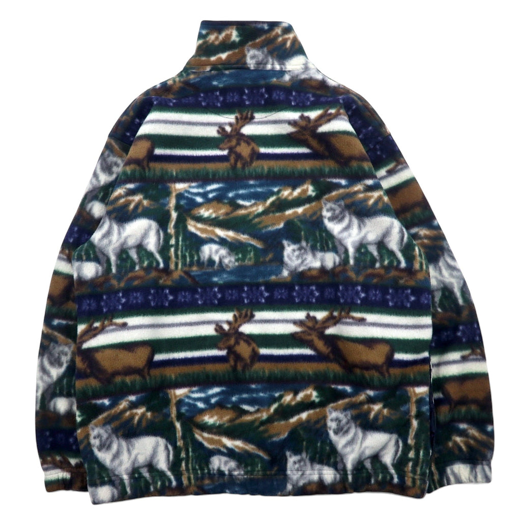 Anni '90 Daniel David Felpa in pile a mezza zip XXL verde, fantasia animali, cervi, lupi, MOUNTAIN FLEECE
