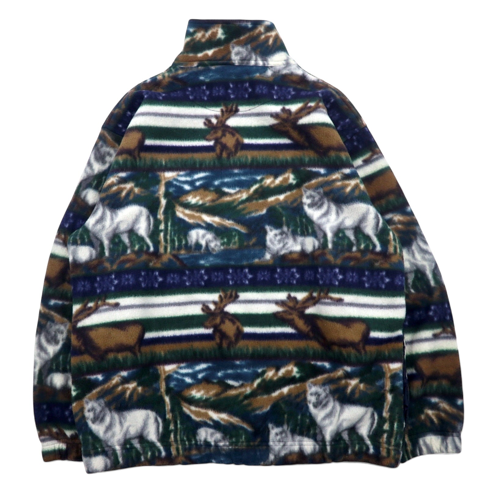 Anni '90 Daniel David Felpa in pile a mezza zip XXL verde, fantasia animali, cervi, lupi, MOUNTAIN FLEECE