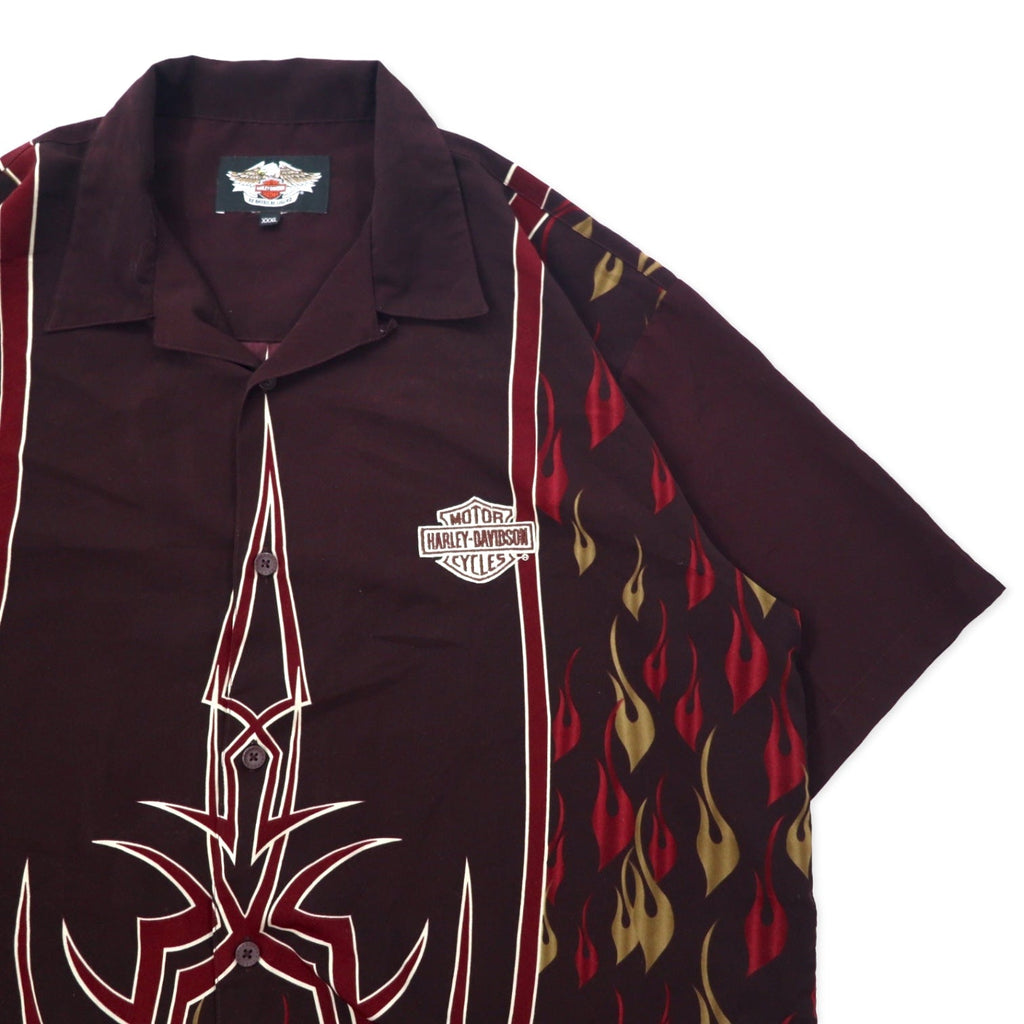 HARLEY DAVIDSON Camicia hawaiana a collo aperto, manica corta, in poliestere, taglia XXXL, bordeaux, fantasia all-over, motivo fiamme, ricamo logo piccolo, taglia oversize