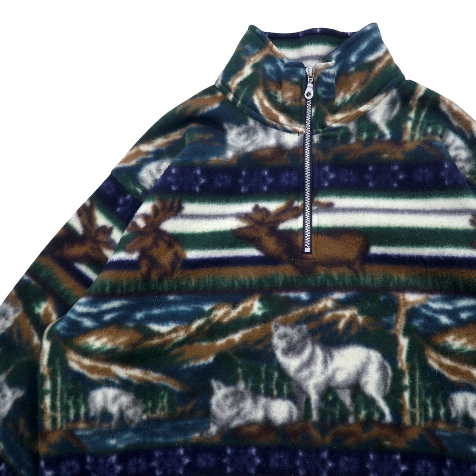 Anni '90 Daniel David Felpa in pile a mezza zip XXL verde, fantasia animali, cervi, lupi, MOUNTAIN FLEECE
