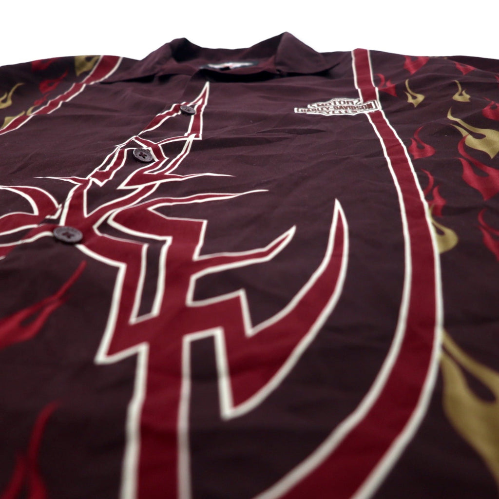 HARLEY DAVIDSON Camicia hawaiana a collo aperto, manica corta, in poliestere, taglia XXXL, bordeaux, fantasia all-over, motivo fiamme, ricamo logo piccolo, taglia oversize
