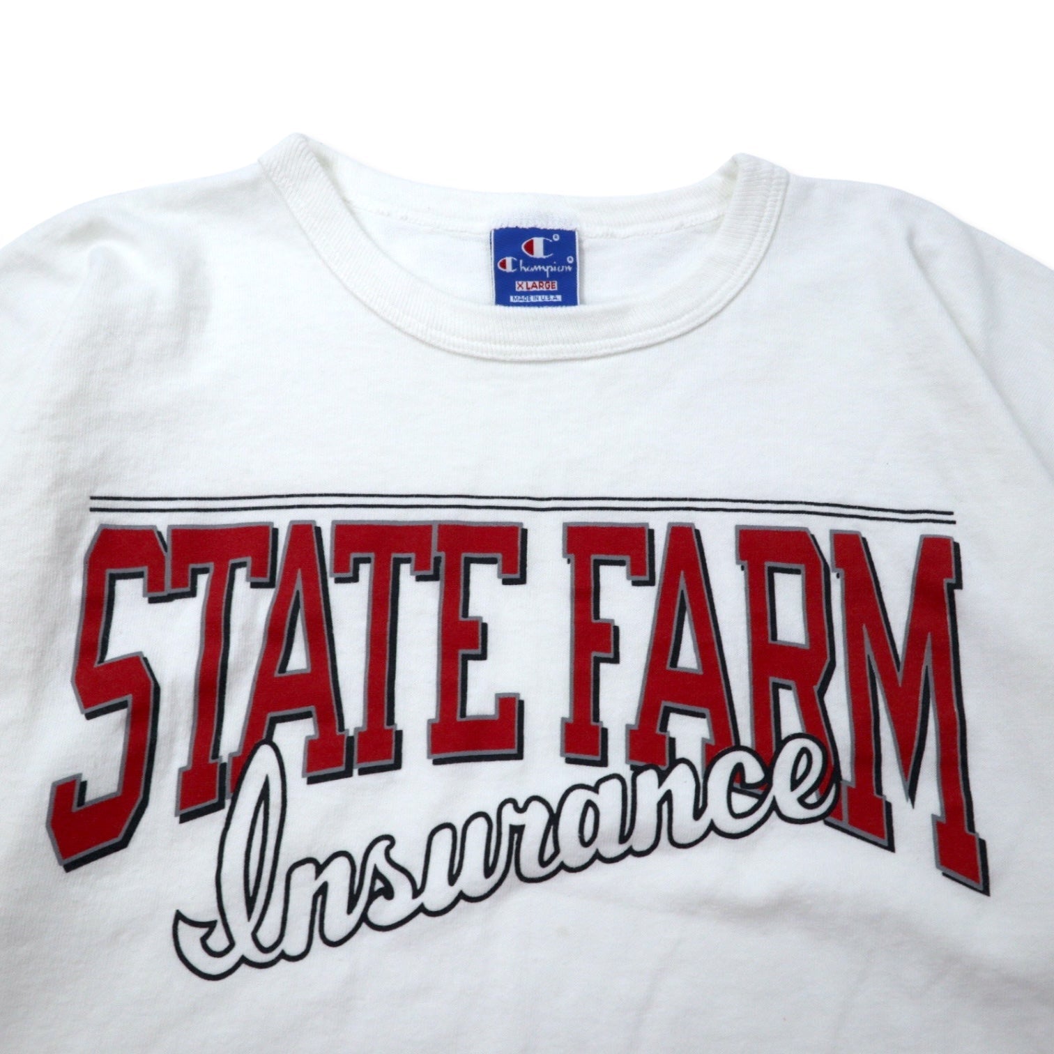 T-shirt Champion USA anni '80, stampa, XL, bianca, cotone, etichetta ricamata, STATE FARM