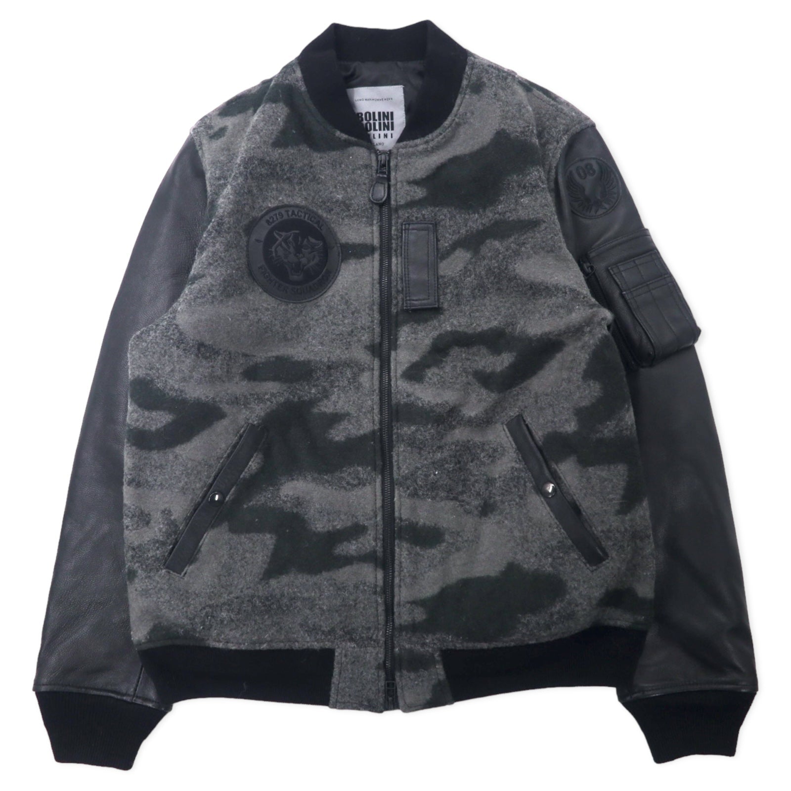BOLINI BOLINI Giubbotto college con maniche in pelle 48 Grigio Nero Fantasia mimetica Melton Lana Pelle di capra Ricamo tigrato sul retro