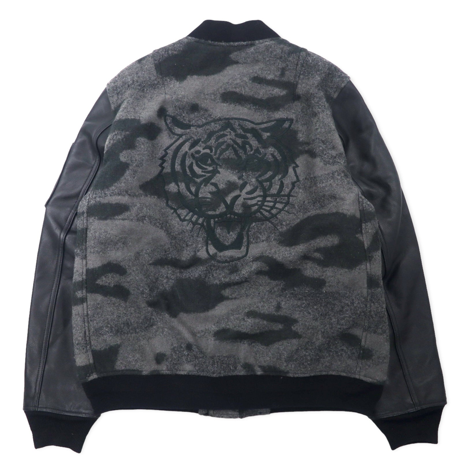 BOLINI BOLINI Giubbotto college con maniche in pelle 48 Grigio Nero Fantasia mimetica Melton Lana Pelle di capra Ricamo tigrato sul retro