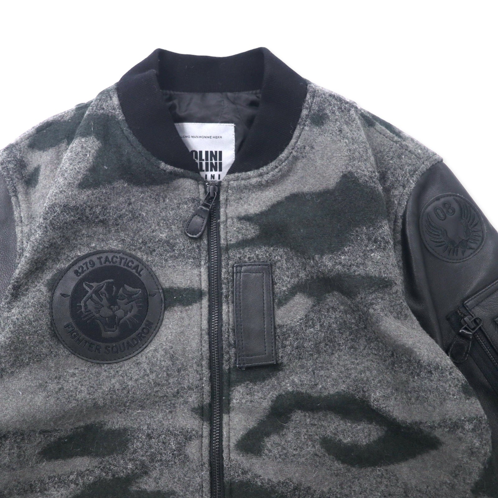BOLINI BOLINI Giubbotto college con maniche in pelle 48 Grigio Nero Fantasia mimetica Melton Lana Pelle di capra Ricamo tigrato sul retro