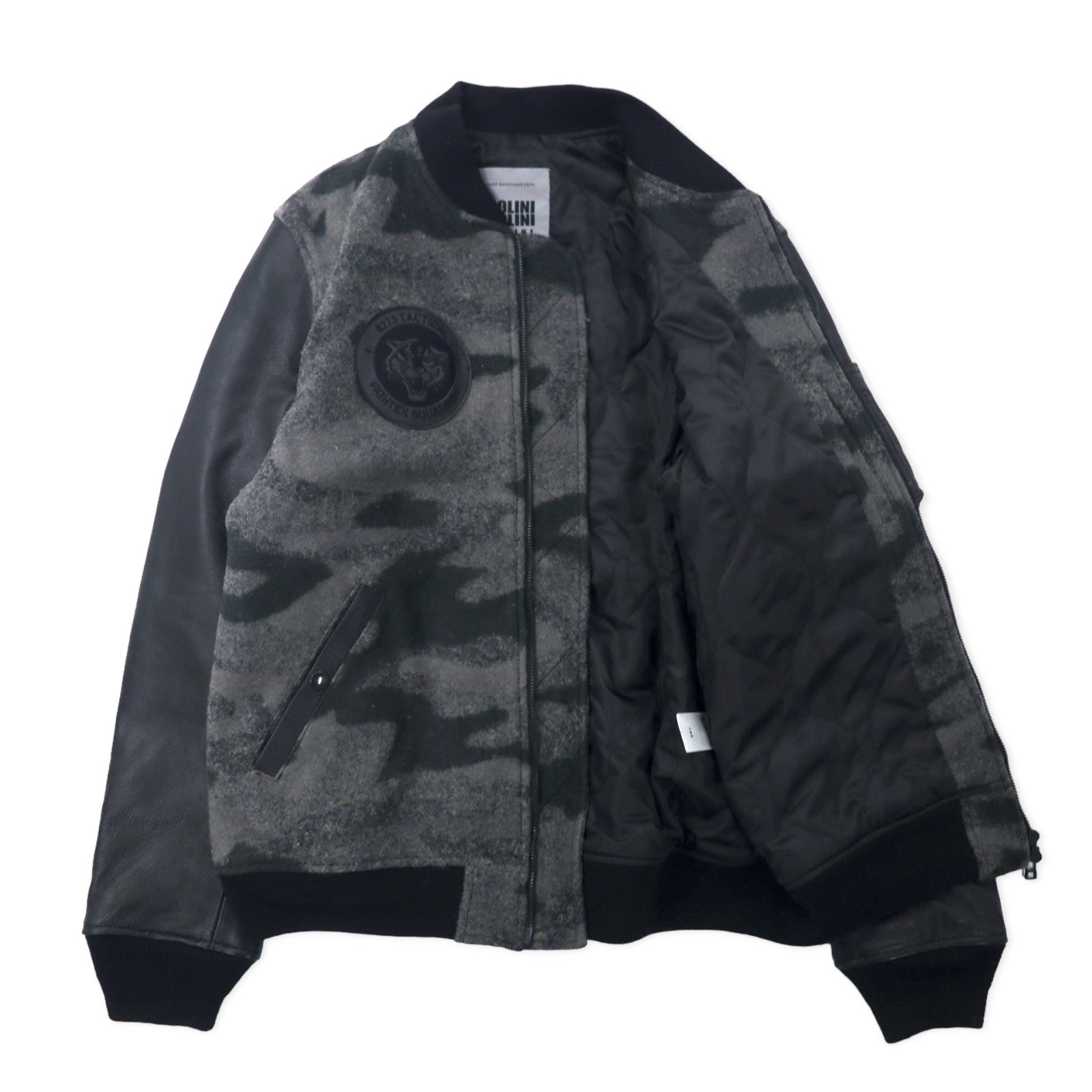 BOLINI BOLINI Giubbotto college con maniche in pelle 48 Grigio Nero Fantasia mimetica Melton Lana Pelle di capra Ricamo tigrato sul retro