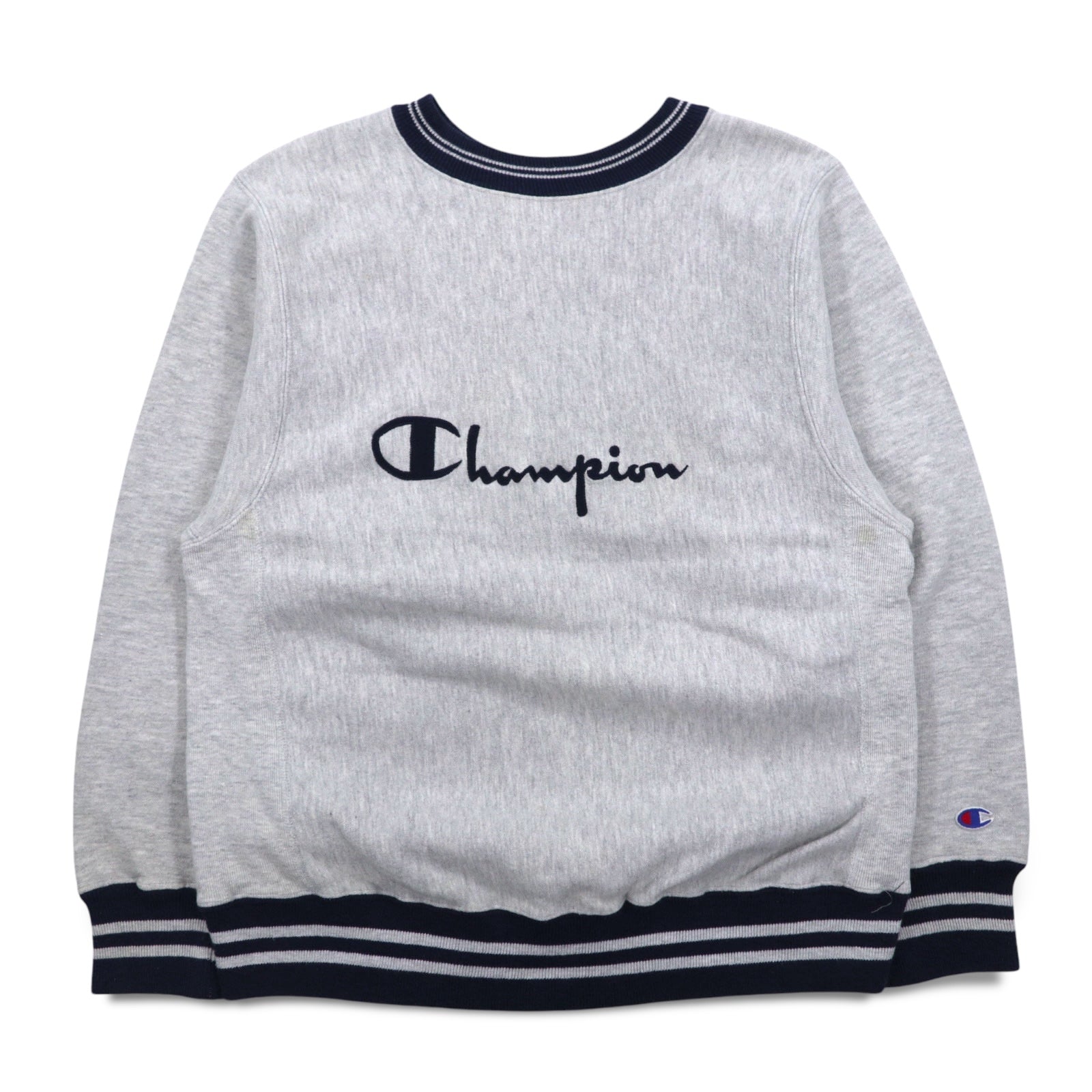 Champion anni '90, made in USA, Reverse Weave con etichetta ricamata, bordi a coste, felpa grigia taglia M, logo Script ricamato.
