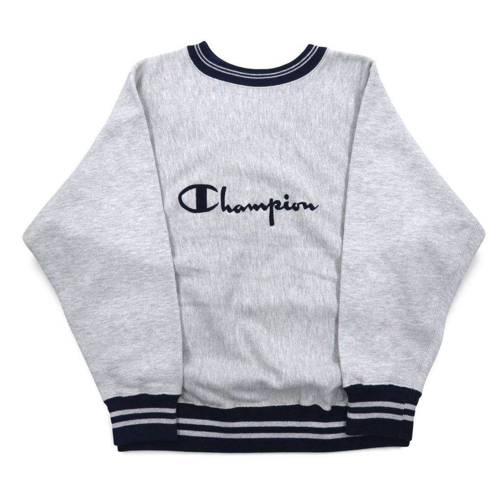 Champion anni '90, made in USA, Reverse Weave con etichetta ricamata, bordi a coste, felpa grigia taglia M, logo Script ricamato.