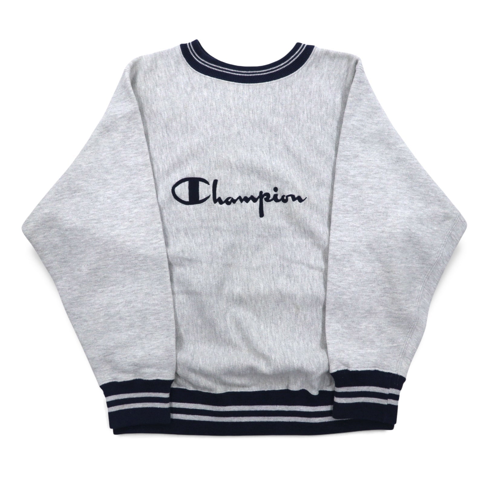 Champion anni '90, made in USA, Reverse Weave con etichetta ricamata, bordi a coste, felpa grigia taglia M, logo Script ricamato.