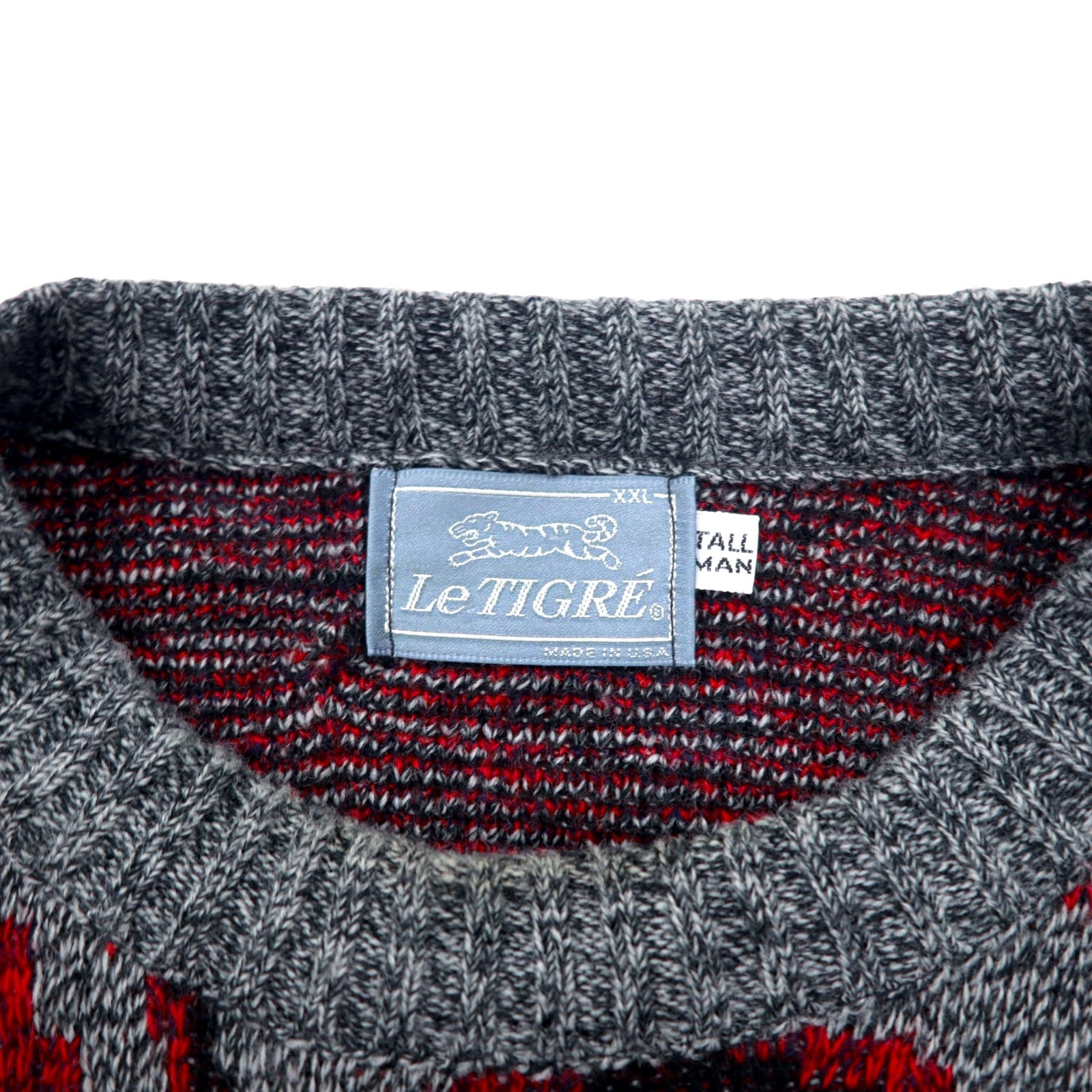 Maglione in maglia acrilica di Le TIGRE degli anni '90, made in USA, fantasia all-over, taglia XXL, grigio rosso