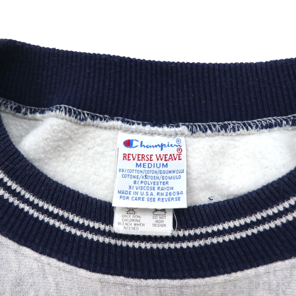 Champion anni '90, made in USA, Reverse Weave con etichetta ricamata, bordi a coste, felpa grigia taglia M, logo Script ricamato.