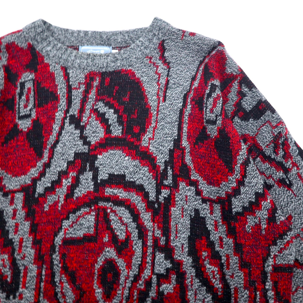 Maglione in maglia acrilica di Le TIGRE degli anni '90, made in USA, fantasia all-over, taglia XXL, grigio rosso