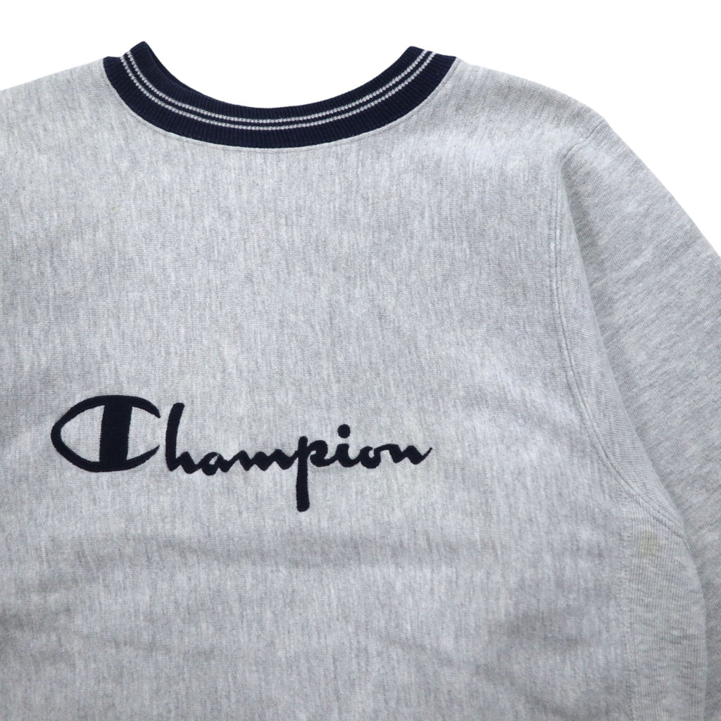Champion anni '90, made in USA, Reverse Weave con etichetta ricamata, bordi a coste, felpa grigia taglia M, logo Script ricamato.