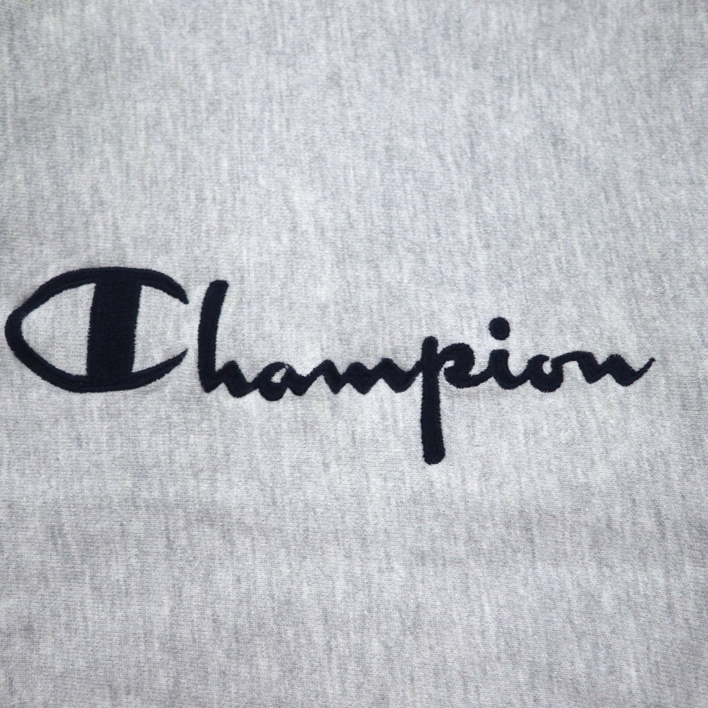 Champion anni '90, made in USA, Reverse Weave con etichetta ricamata, bordi a coste, felpa grigia taglia M, logo Script ricamato.