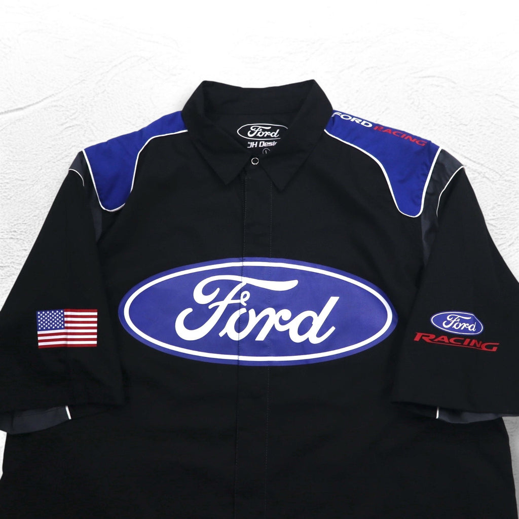 Ford by JEFF HAMILTON 半袖 レーシングシャツ L ブラック スナップボタン 両面プリント