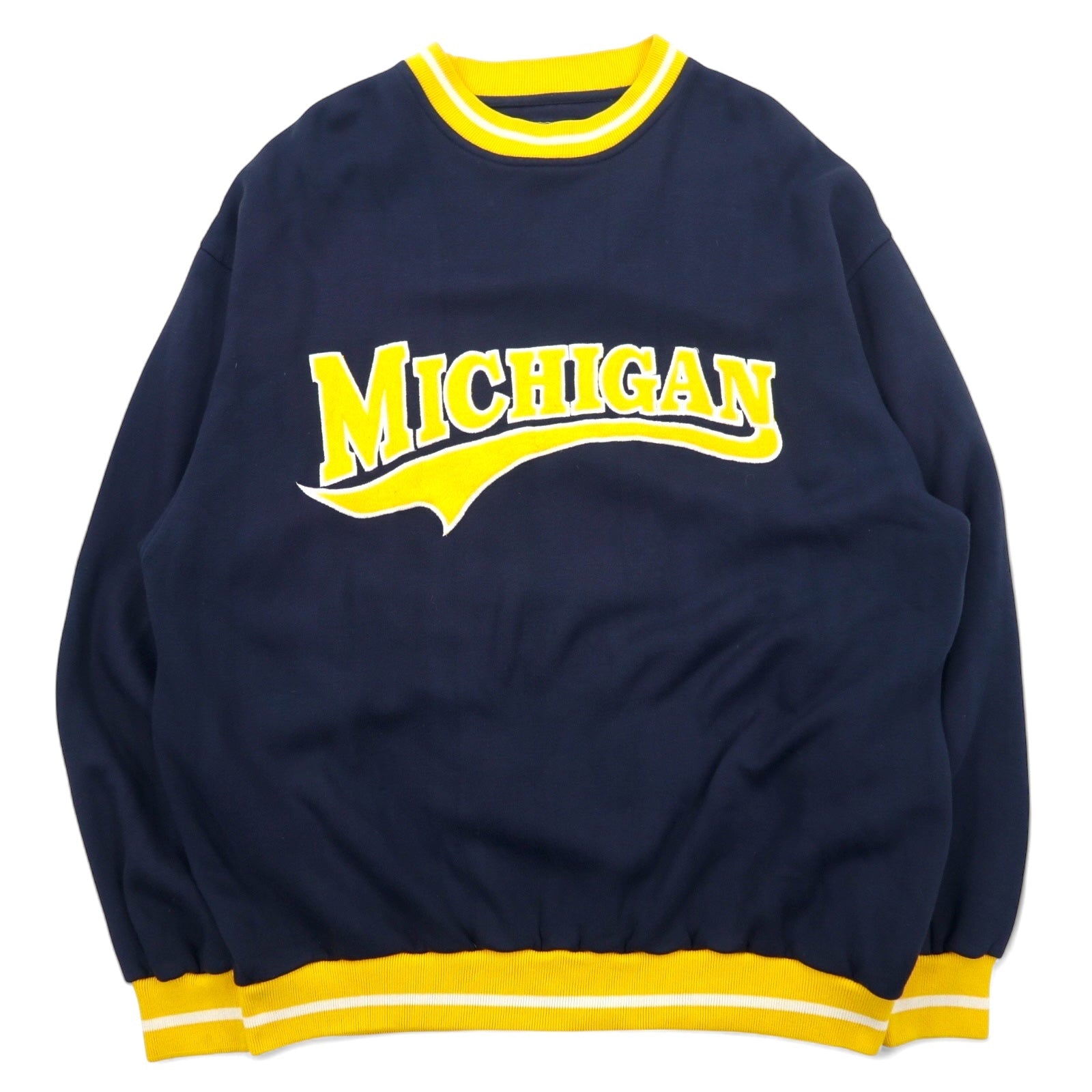 Anni '90 PJ MARK Felpa a coste girocollo L Blu navy Giallo Acrilico College MICHIGAN