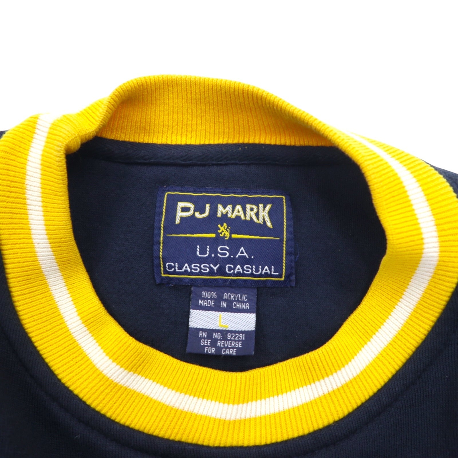Anni '90 PJ MARK Felpa a coste girocollo L Blu navy Giallo Acrilico College MICHIGAN