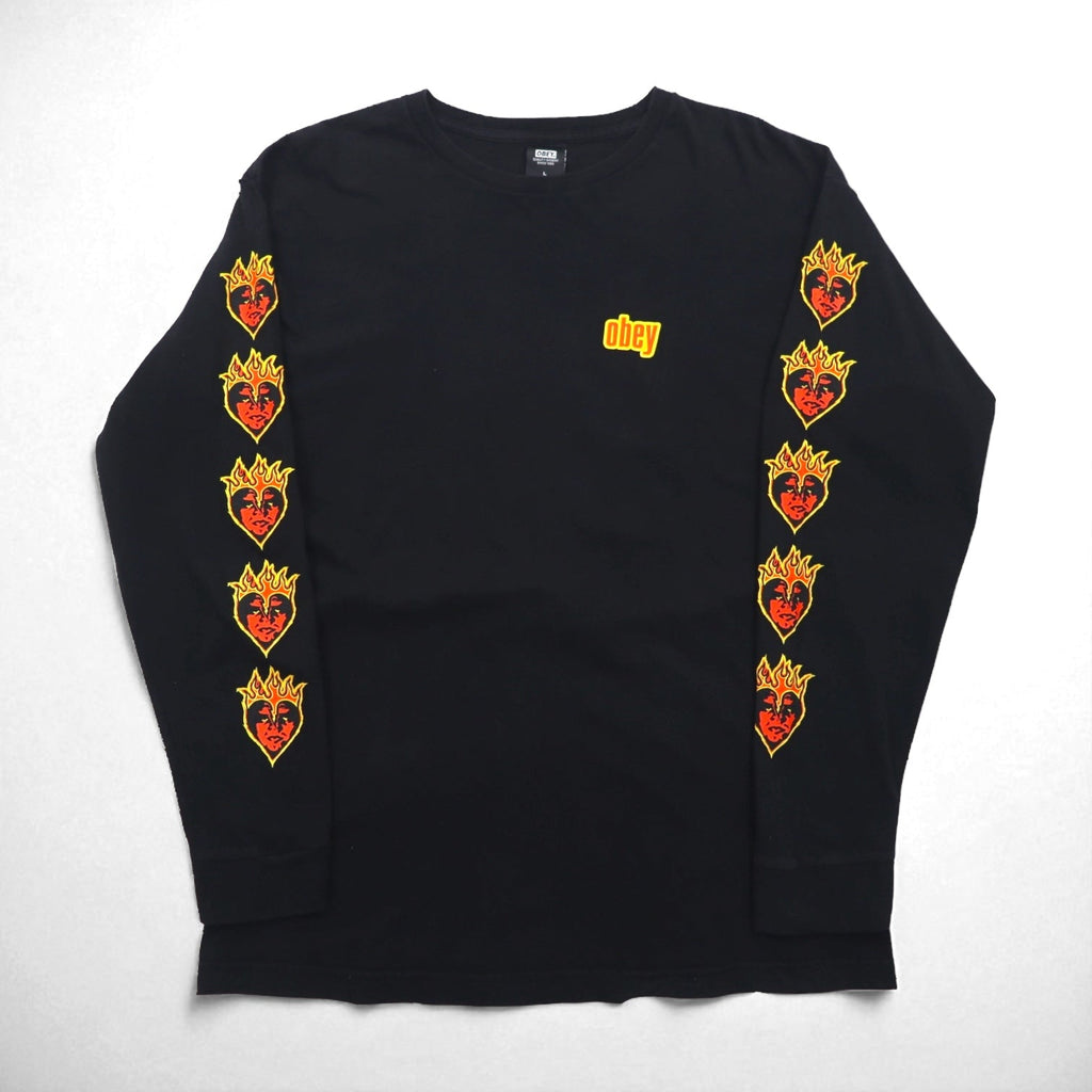 OBEY ファイヤーパターン ロンT ロングスリーブ Tシャツ L ブラック 袖プリント メキシコ戦