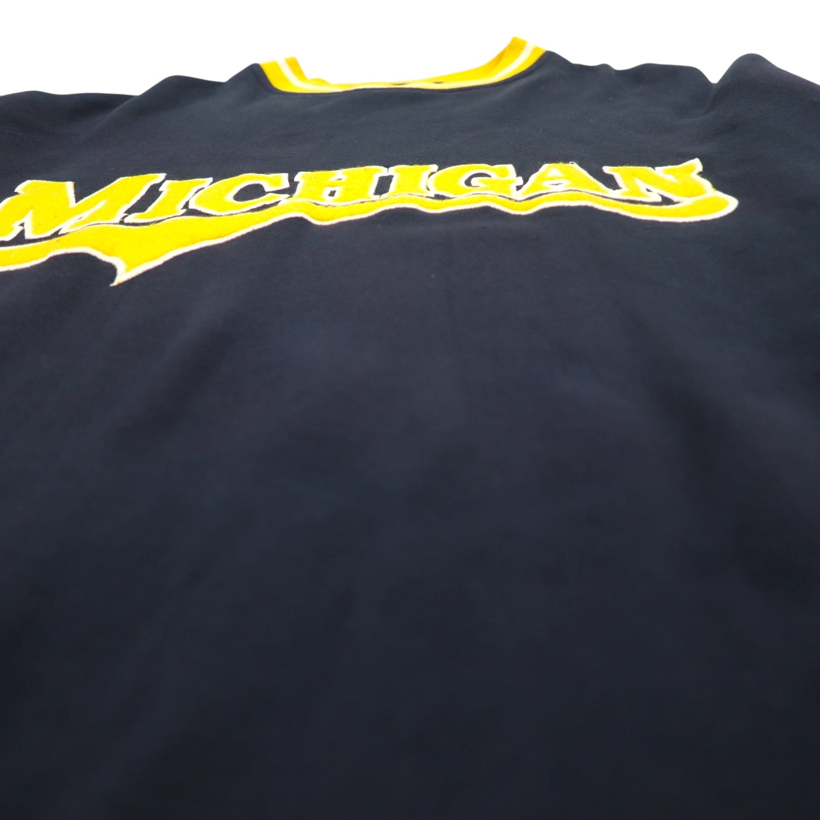 Anni '90 PJ MARK Felpa a coste girocollo L Blu navy Giallo Acrilico College MICHIGAN