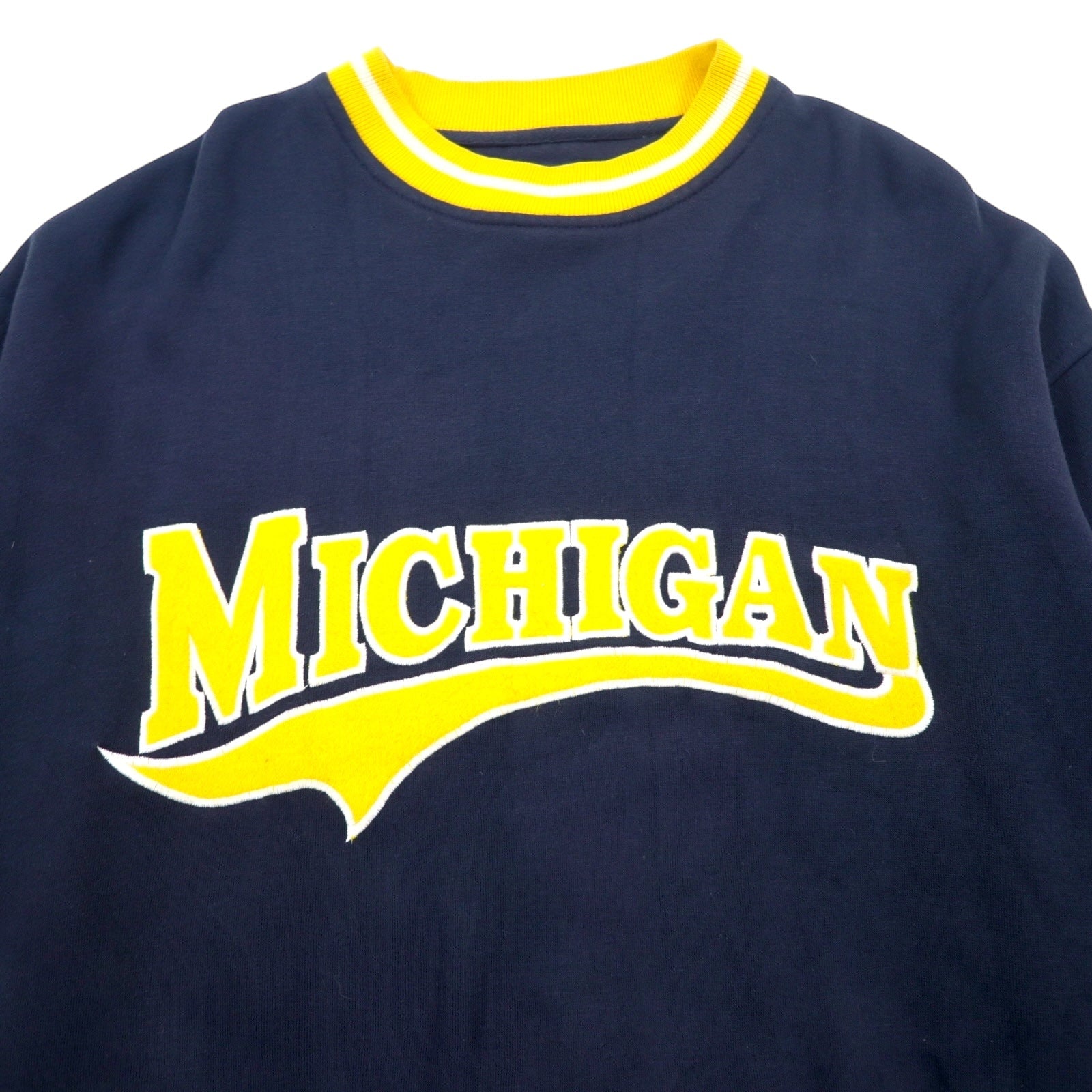 Anni '90 PJ MARK Felpa a coste girocollo L Blu navy Giallo Acrilico College MICHIGAN