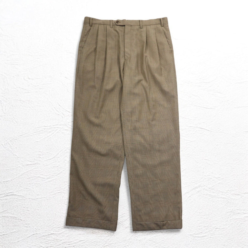 LAUREN RALPH LAUREN Pantaloni a gamba larga con pinces anni '90, taglia L, marroni, a quadri "gun club", in lana