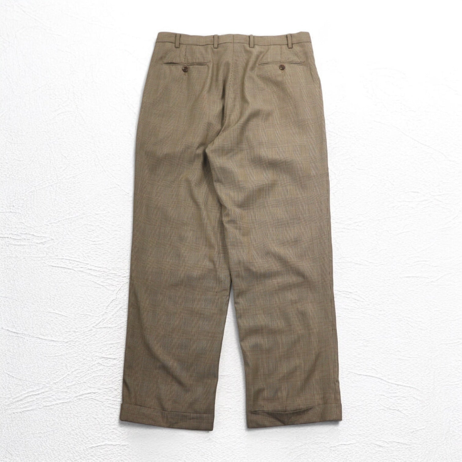 LAUREN RALPH LAUREN Pantaloni a gamba larga con pinces anni '90, taglia L, marroni, a quadri "gun club", in lana