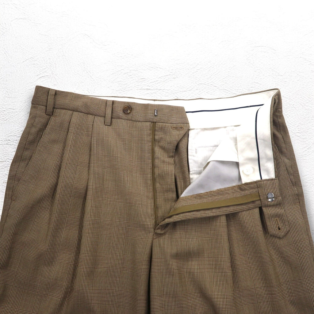 LAUREN RALPH LAUREN Pantaloni a gamba larga con pinces anni '90, taglia L, marroni, a quadri "gun club", in lana