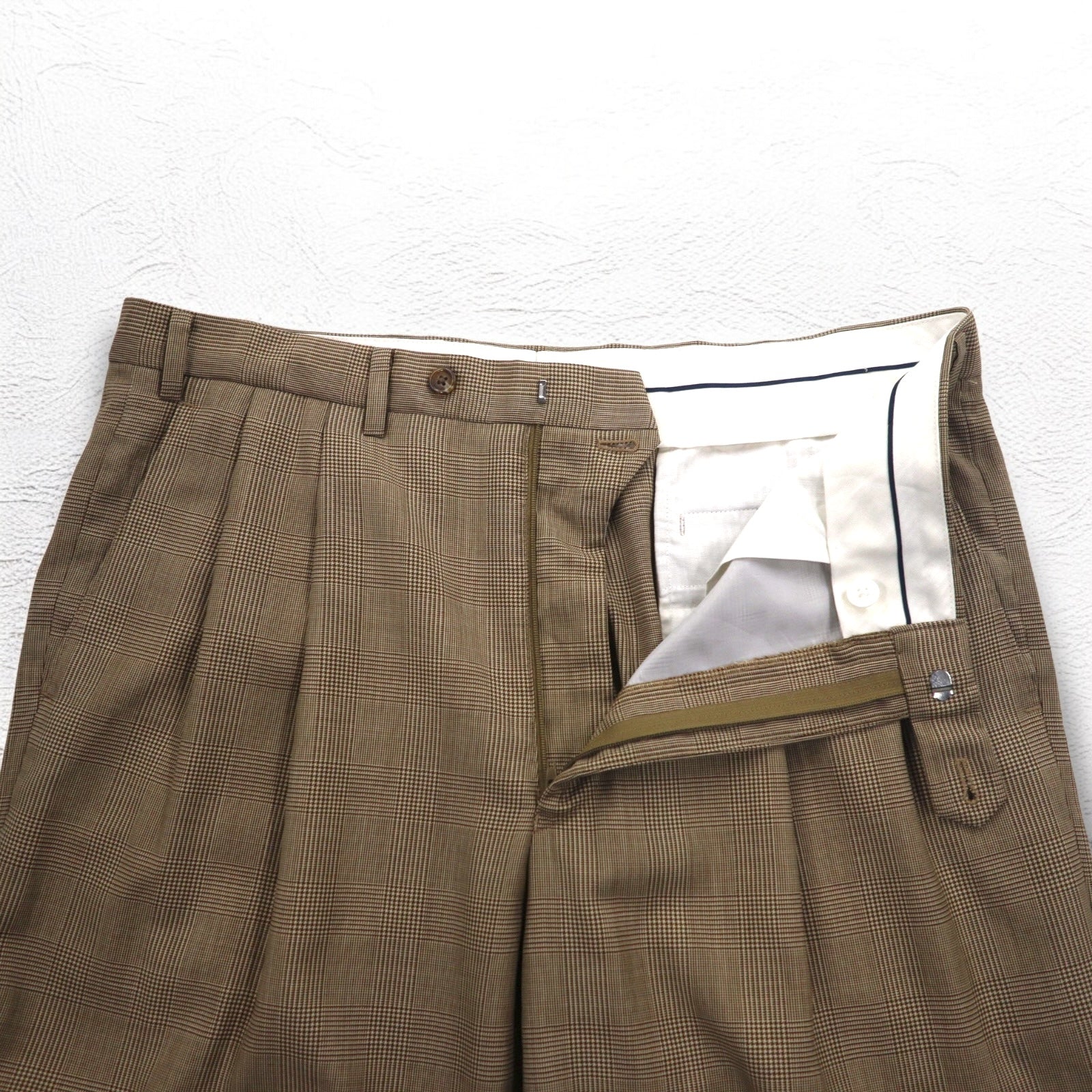 LAUREN RALPH LAUREN Pantaloni a gamba larga con pinces anni '90, taglia L, marroni, a quadri "gun club", in lana