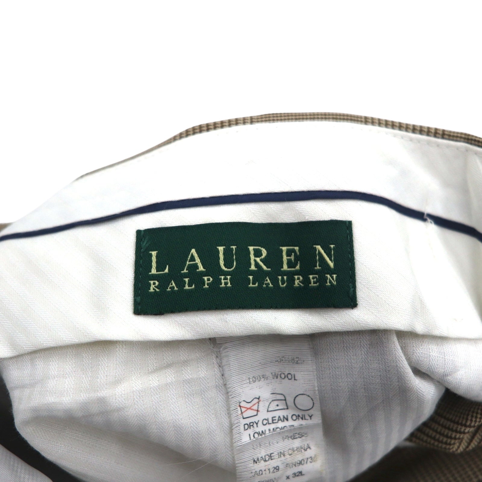 LAUREN RALPH LAUREN Pantaloni a gamba larga con pinces anni '90, taglia L, marroni, a quadri "gun club", in lana