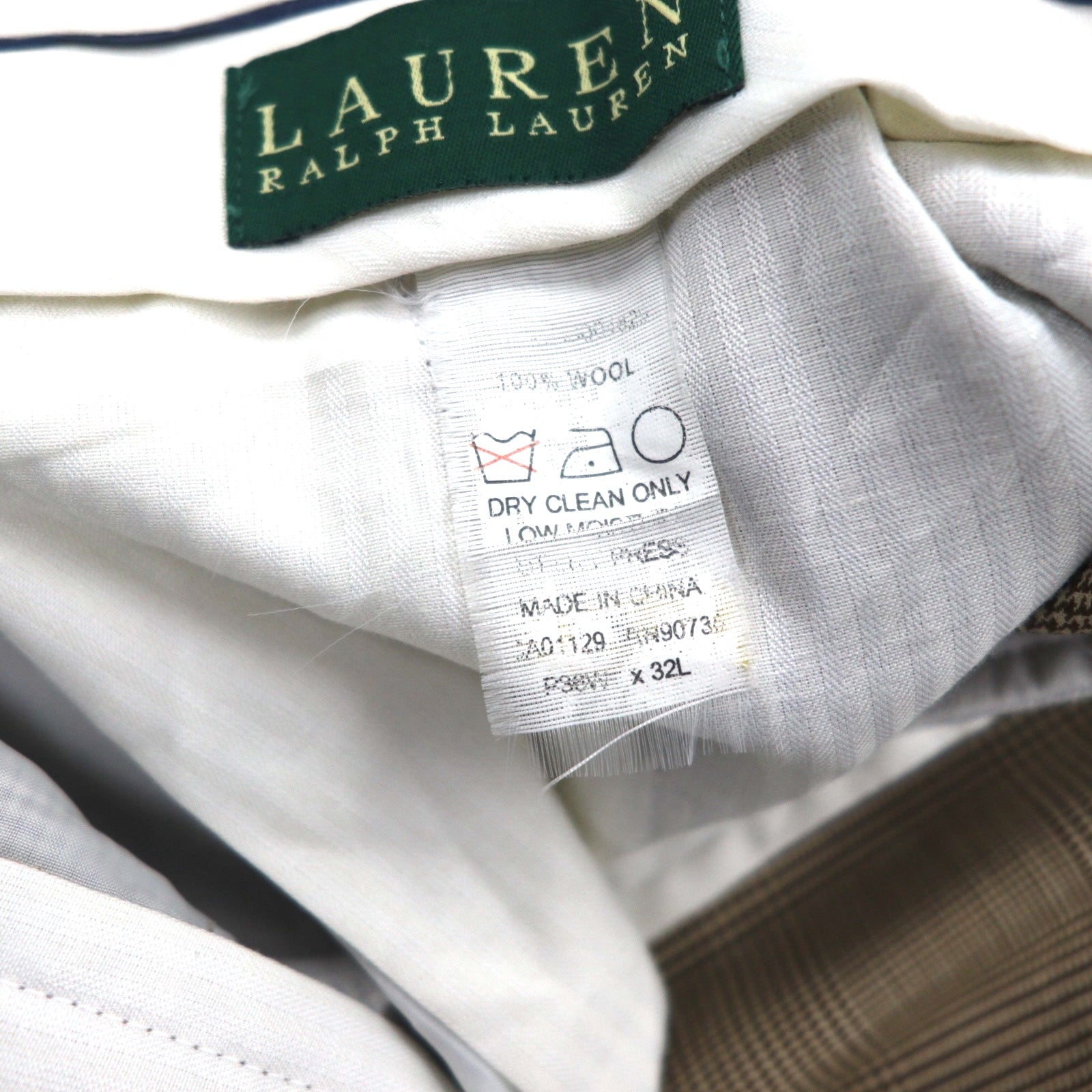 LAUREN RALPH LAUREN Pantaloni a gamba larga con pinces anni '90, taglia L, marroni, a quadri "gun club", in lana