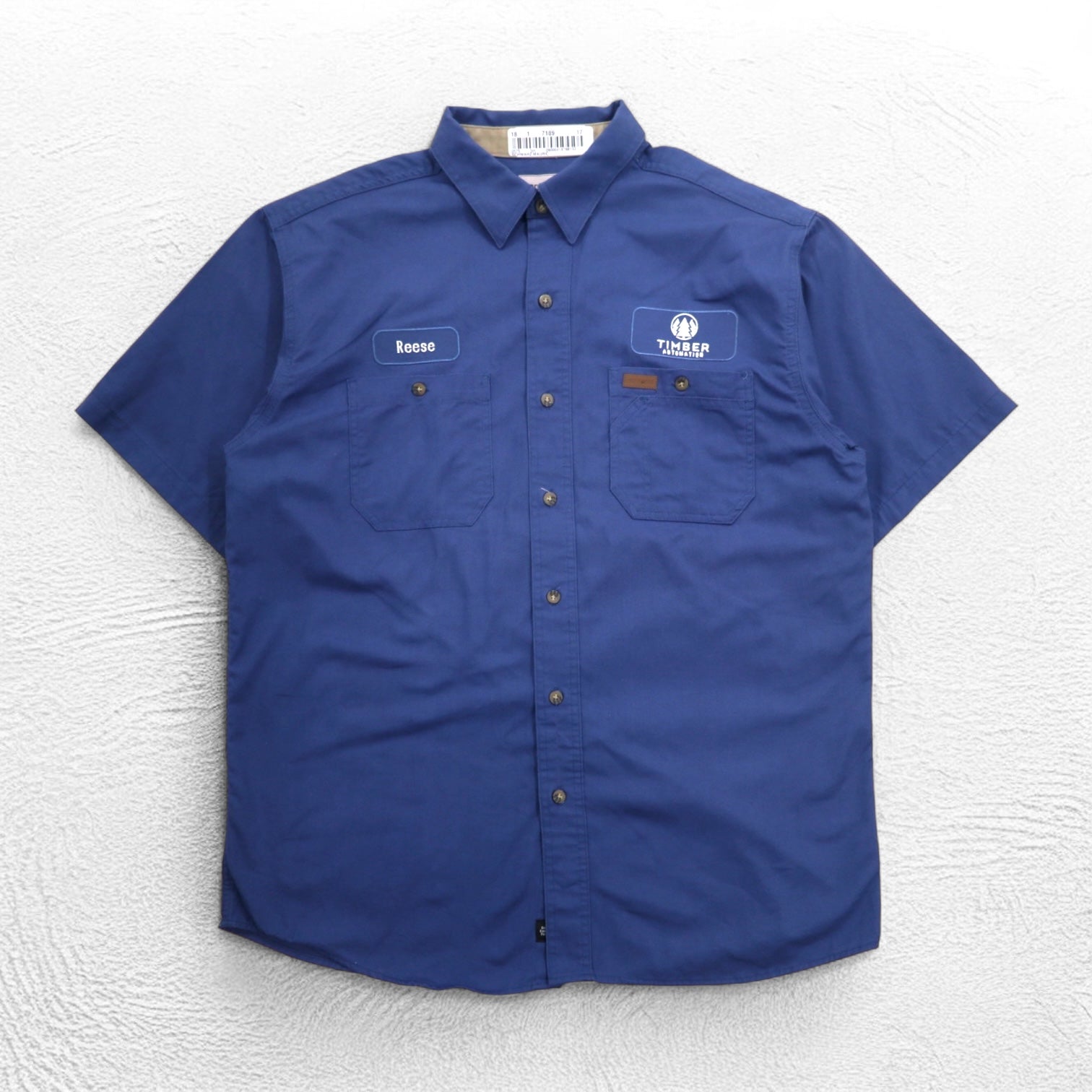 Carhartt camicia da lavoro a maniche corte taglia L, blu navy, cotone, taschino sul petto, ricamo aziendale americano TIMBER 384-19, made in Messico
