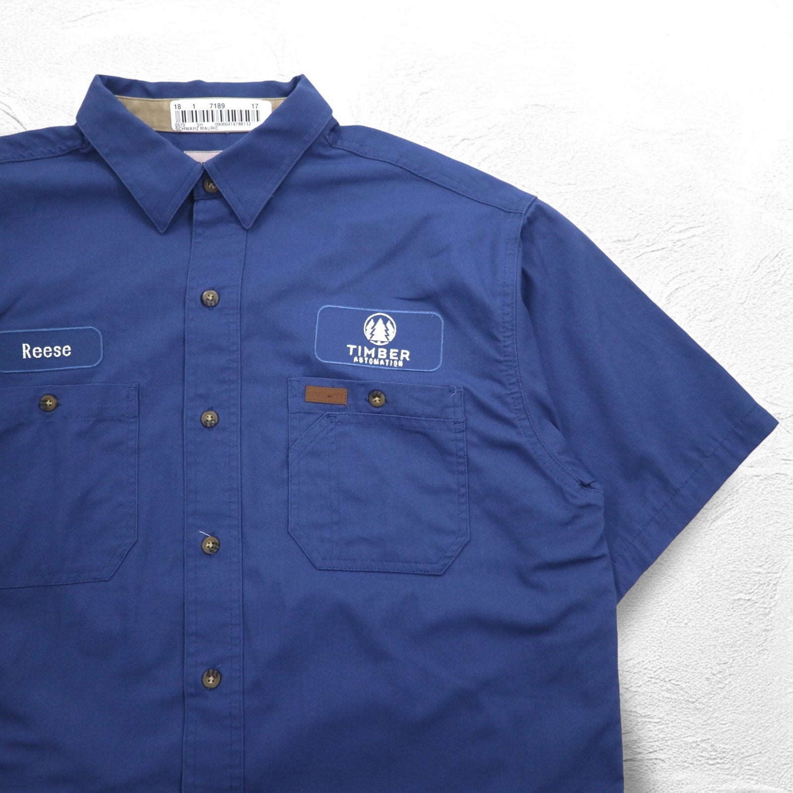 Carhartt camicia da lavoro a maniche corte taglia L, blu navy, cotone, taschino sul petto, ricamo aziendale americano TIMBER 384-19, made in Messico