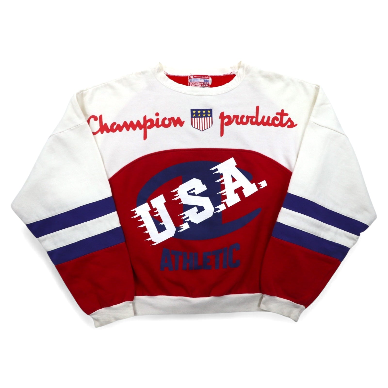 Champion products anni '90, felpa girocollo con spalle scese, taglia L, bianca e rossa, logo grande, stampa fronte/retro