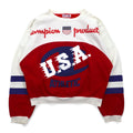 Champion products anni '90, felpa girocollo con spalle scese, taglia L, bianca e rossa, logo grande, stampa fronte/retro