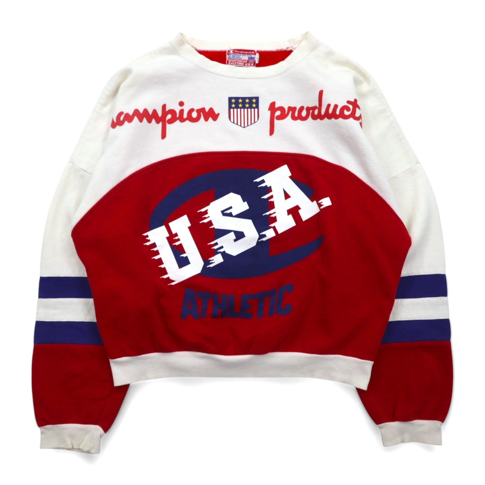 Champion products anni '90, felpa girocollo con spalle scese, taglia L, bianca e rossa, logo grande, stampa fronte/retro