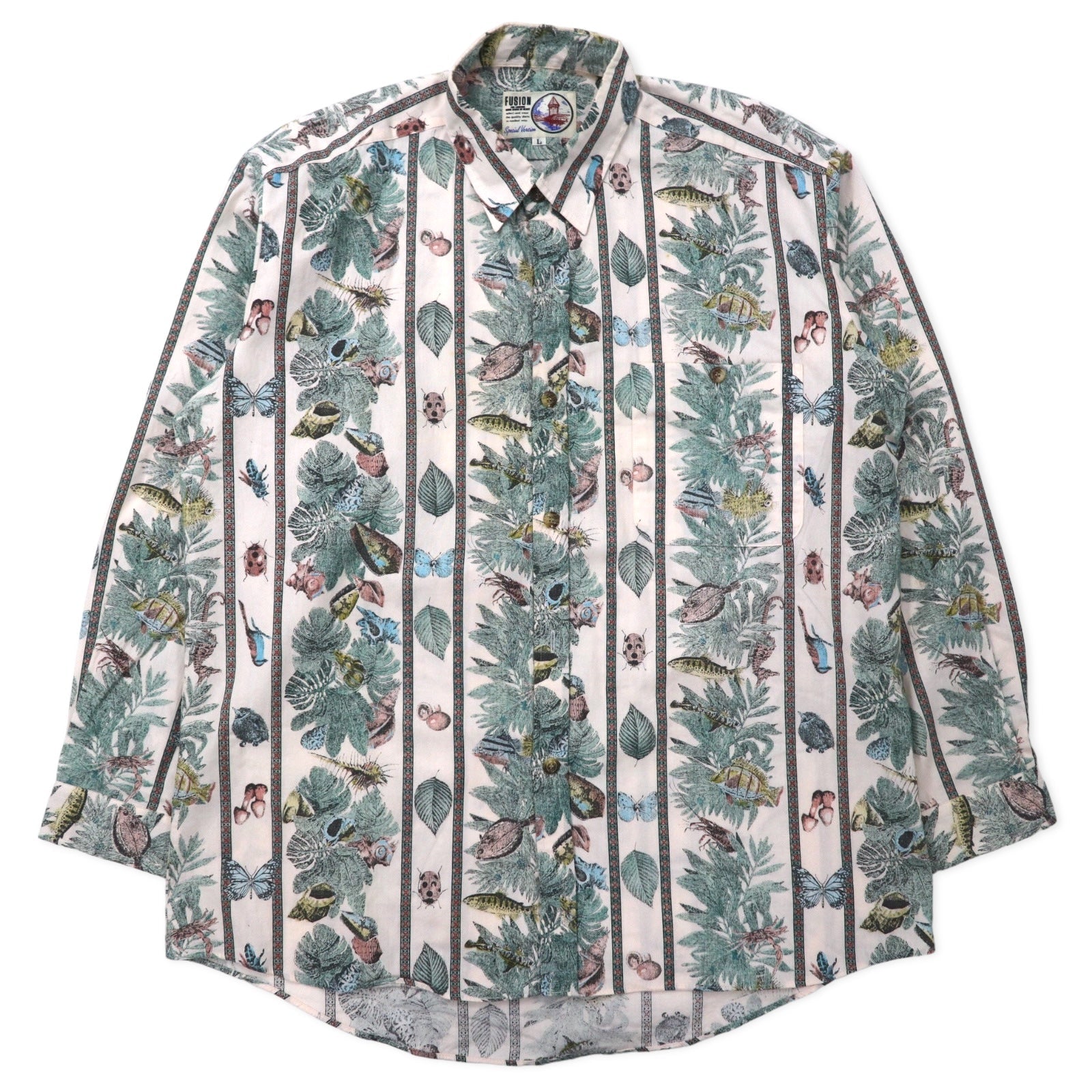 FUSION Camicia elegante fantasia L bianca a righe cotone pesce insetti botanica Made in Japan