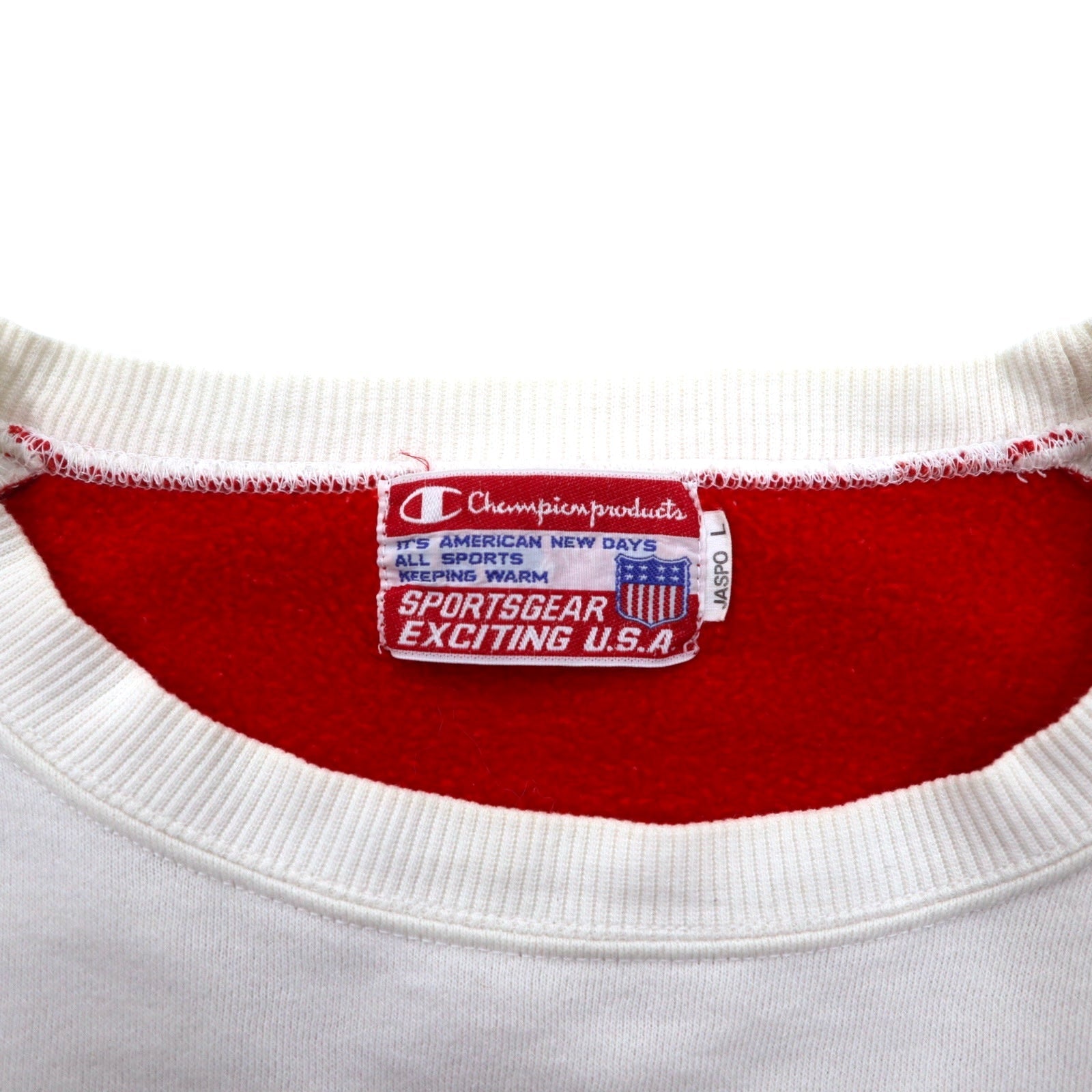 Champion products anni '90, felpa girocollo con spalle scese, taglia L, bianca e rossa, logo grande, stampa fronte/retro